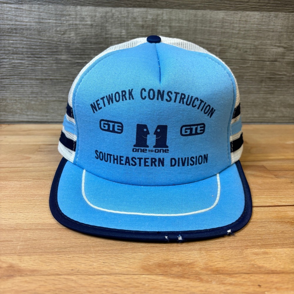 Vintage Three Stripe Hat Cap Snapback Blue Trucker GTE Construction‎ San Sun